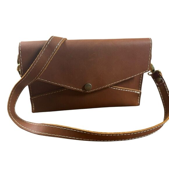 Portland Leather Works Purse Womens Brown Small Stitched Envelope Crossbody New - Picture 9 of 14